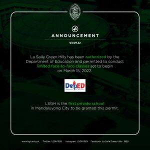 DepEd authorizes La Salle Green Hills to conduct limited face-to-face classes 