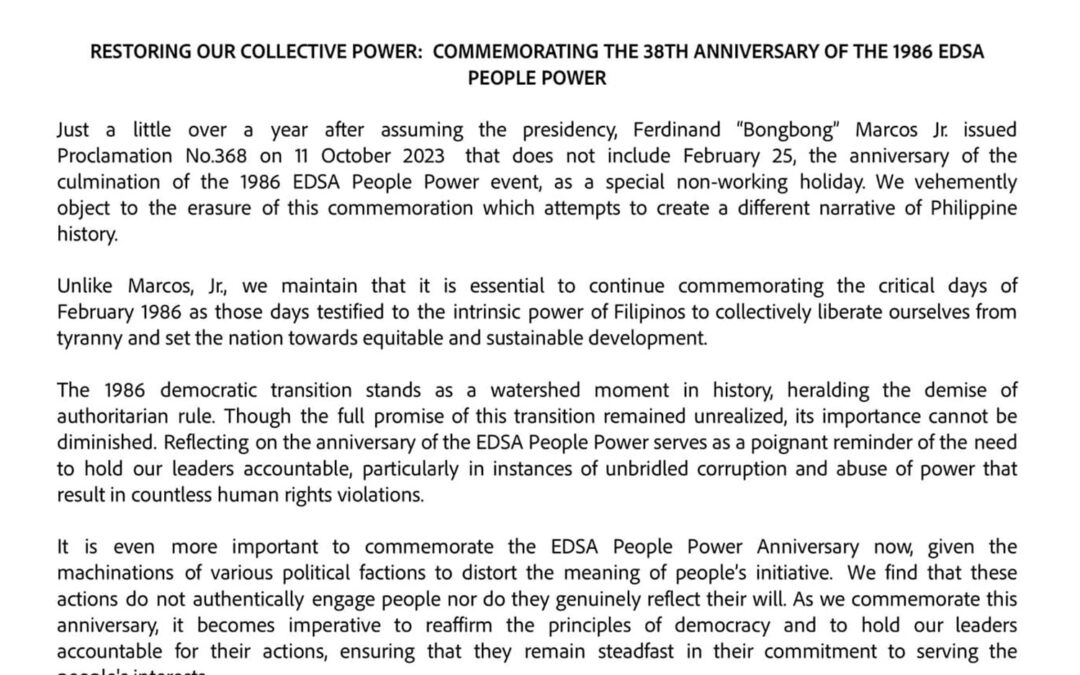 Restoring Our Collective Power: Commemorating the 38th Anniversary of the 1986 EDSA People Power