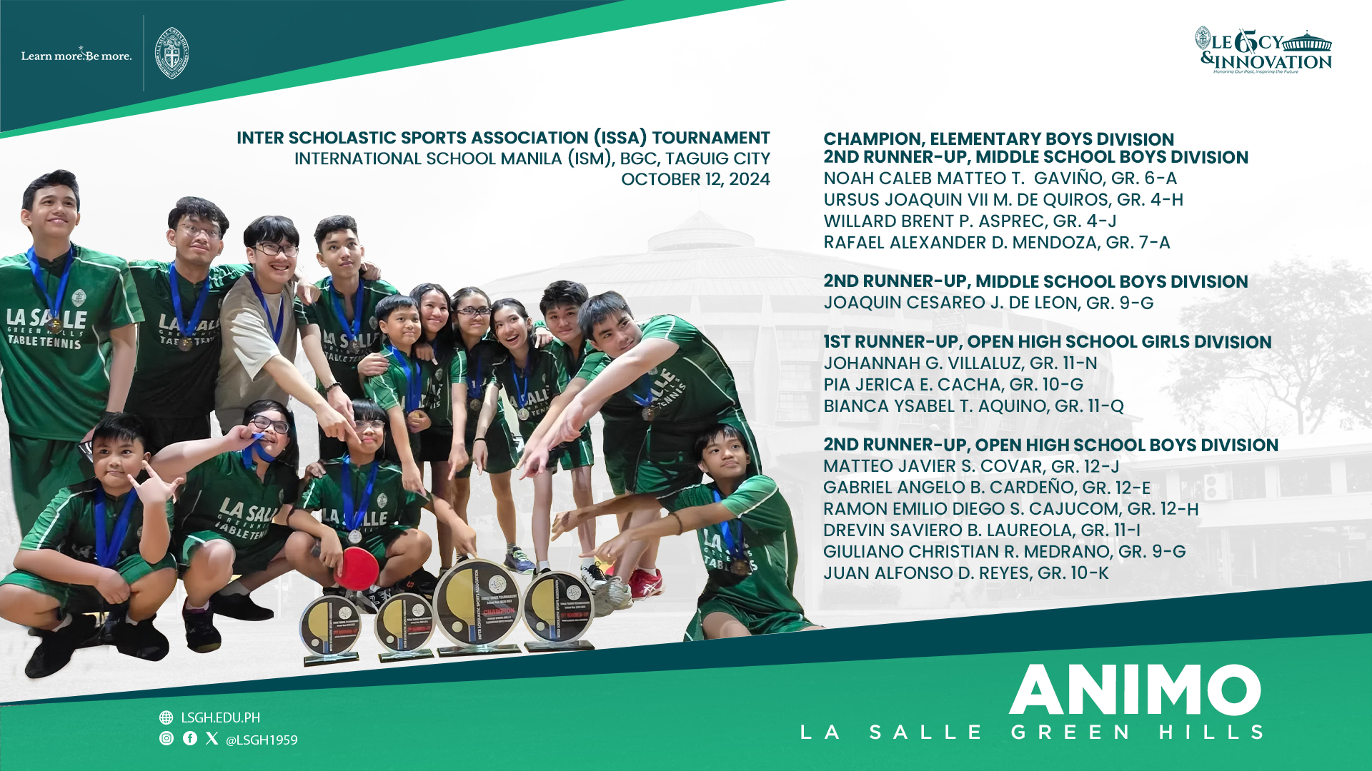 LSGH Table Tennis Varsity Team wins big in ISSA tournament