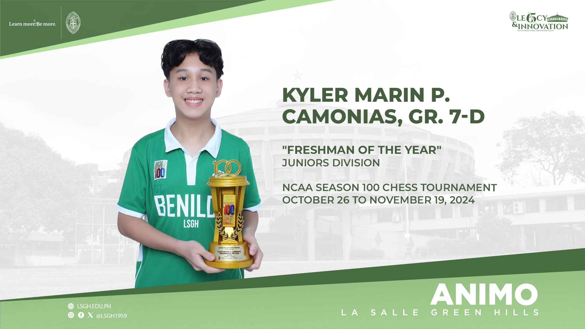 Camonias named Freshman of the Year in the NCAA Season 100 Chess Tournament