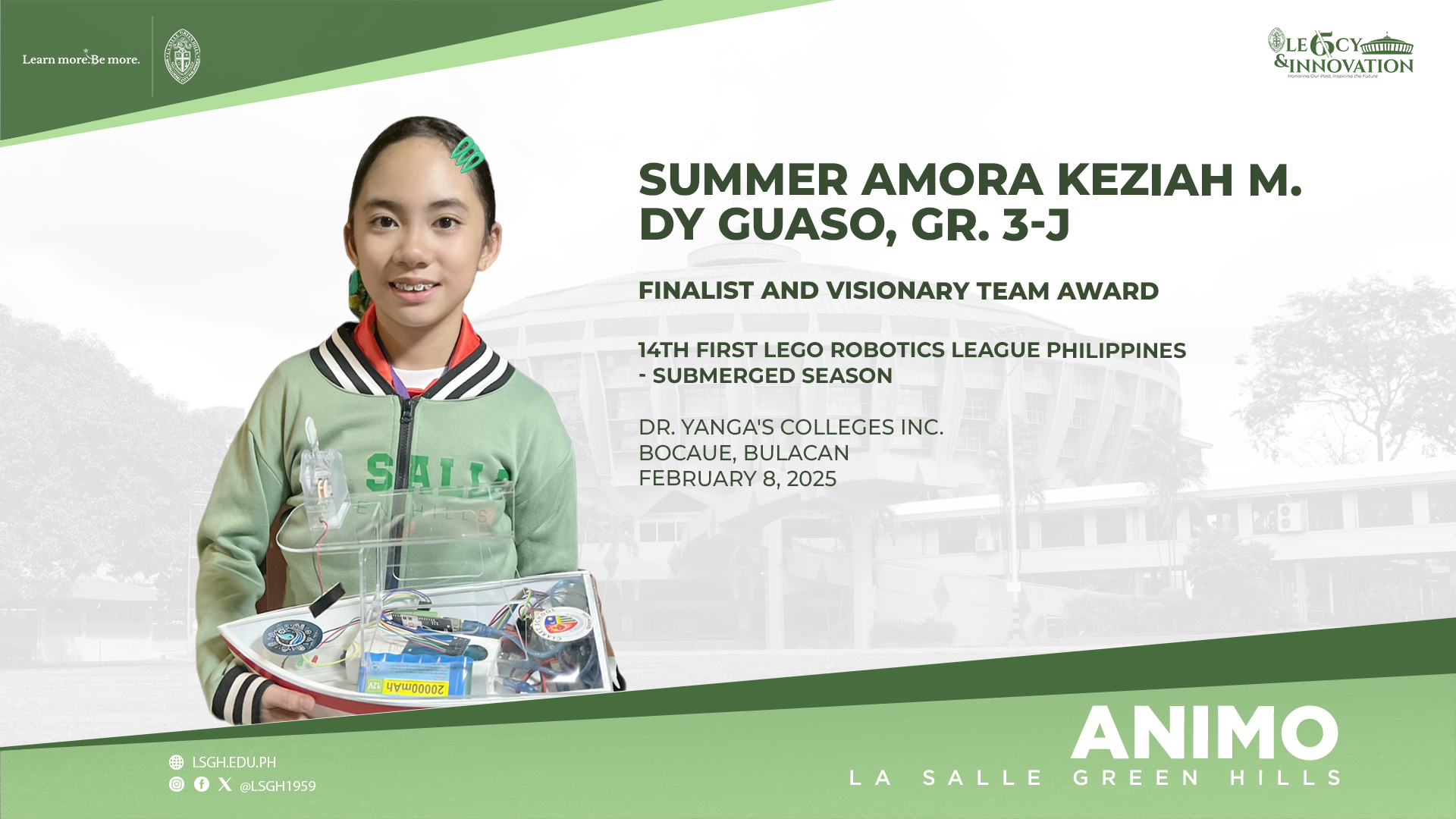 Dy Guaso represents LSGH in the 14th First Lego Robotics League Philippines