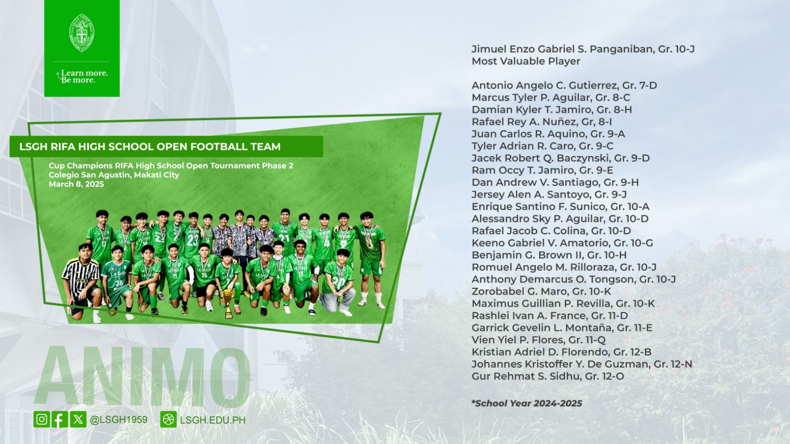 LSGH RIFA High School Open Football Team bags Cup Championship