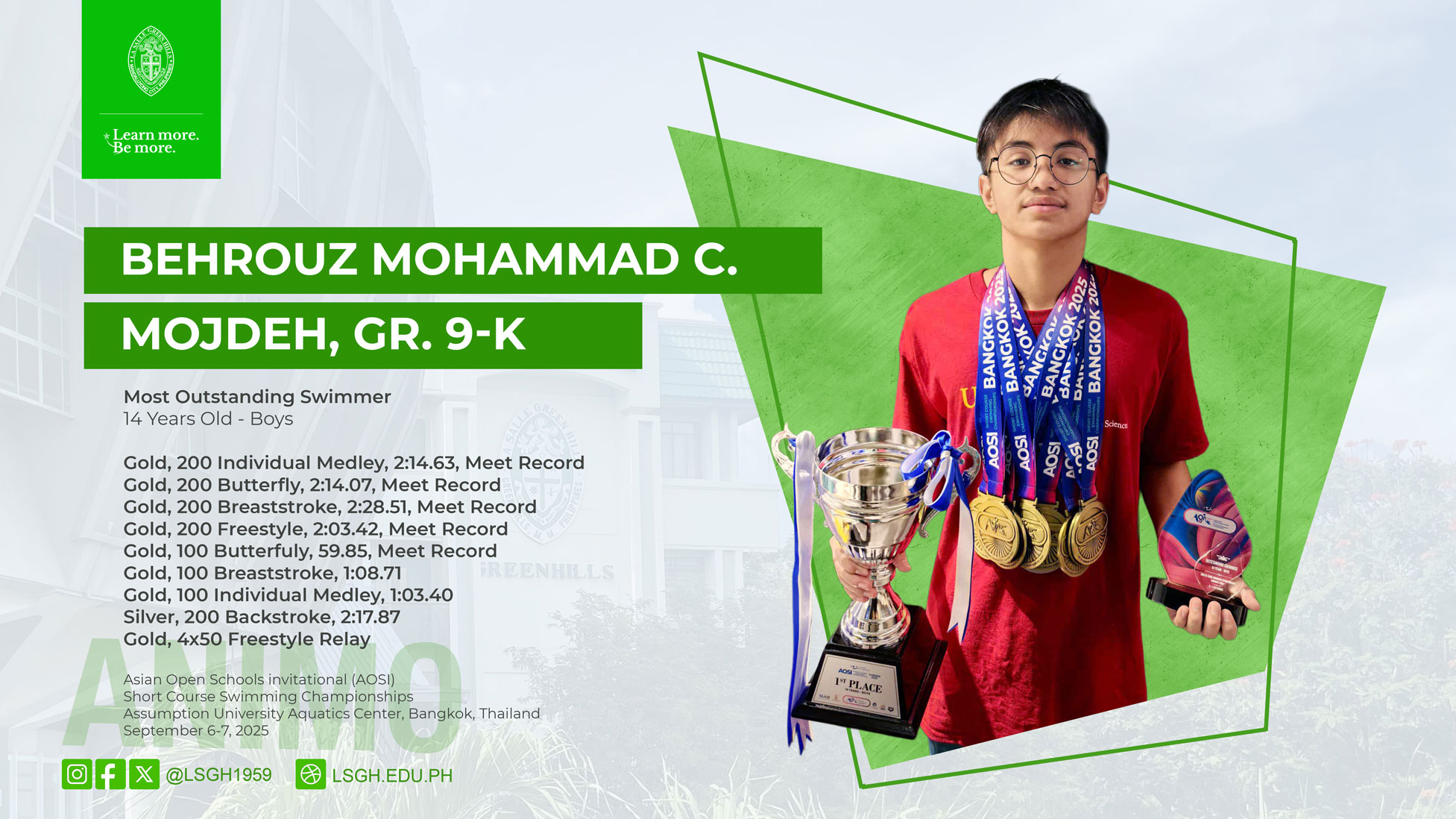 Mojdeh named Most Outstanding Swimmer at Asian Open Schools Invitational