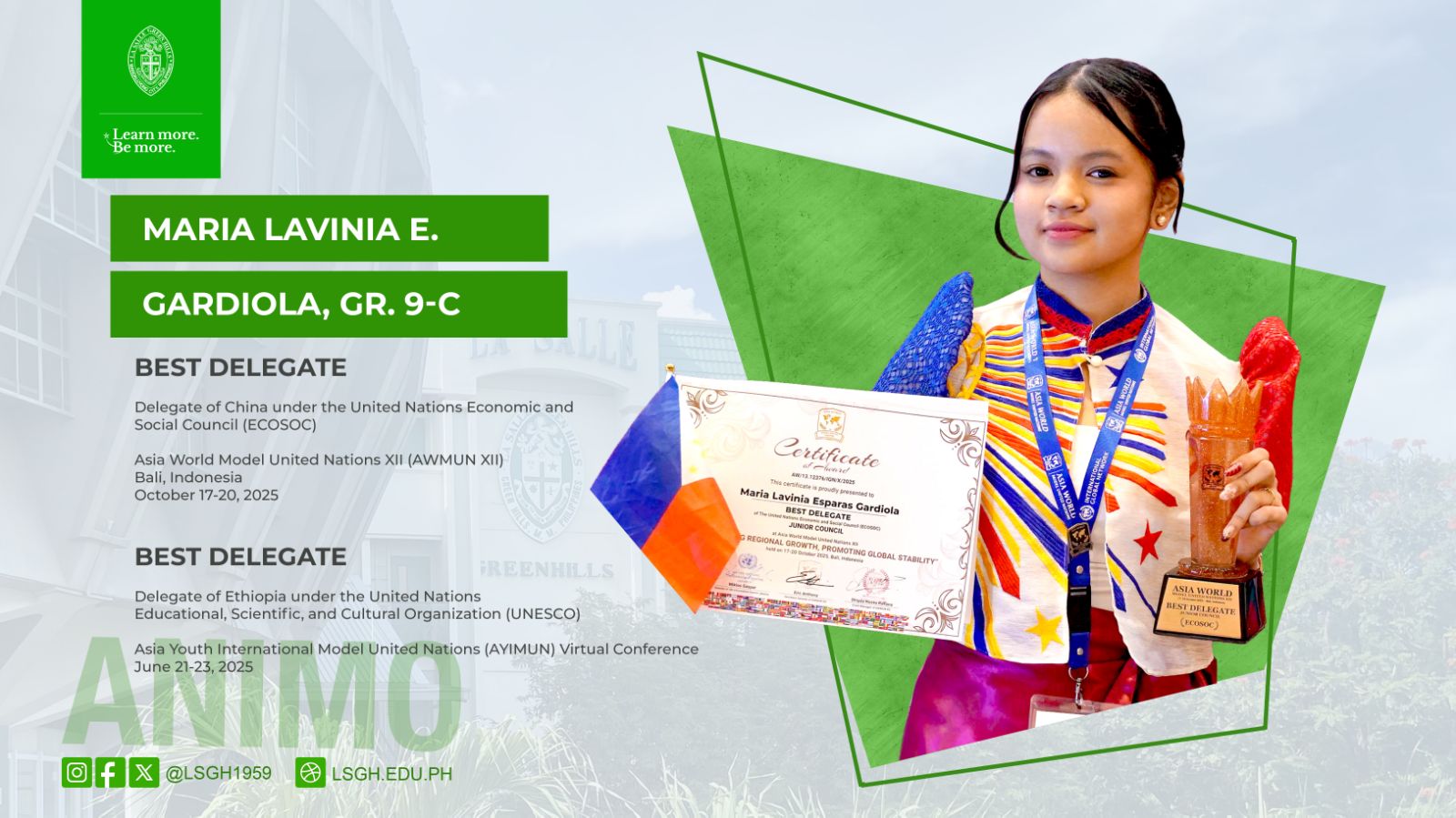 Gardiola secures two Best Delegate Awards at International Model UN conferences