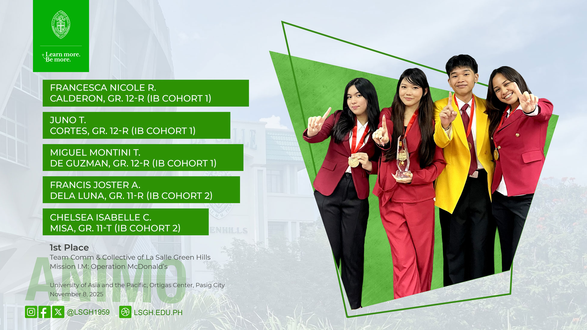 LSGH IB students secure 1st Place at UAAP’s Mission I.M. marketing competition
