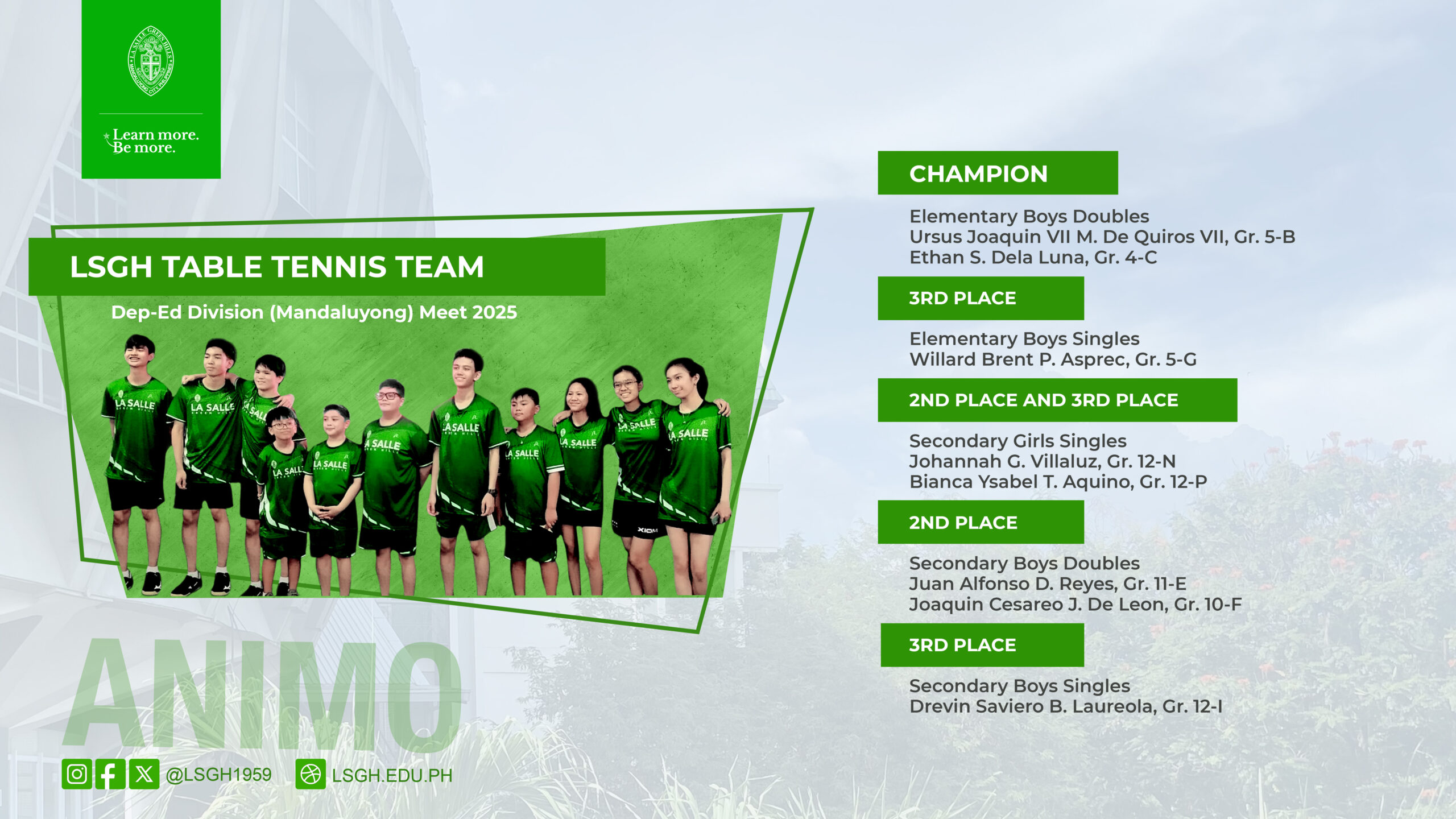 LSGH Table Tennis Team dominated the DepEd Division (Mandaluyong) Meet