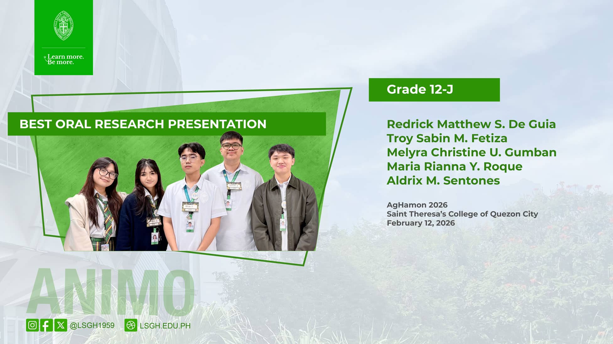 LSGH Grade 12 students win Best Oral Research Presentation Award