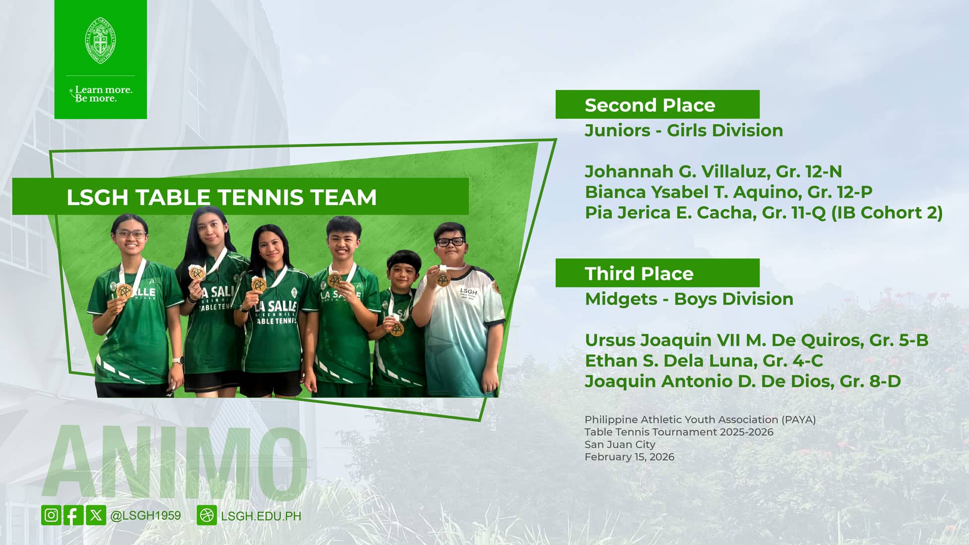 LSGH Table Tennis Team clinches 2nd Place at the PAYA Tournament 2025-2026