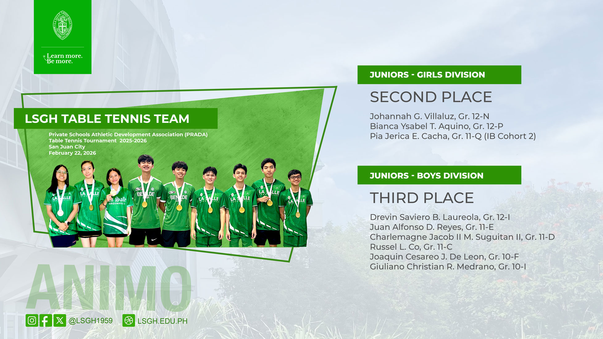 LSGH Table Tennis Team shines at PRADA’s tournament