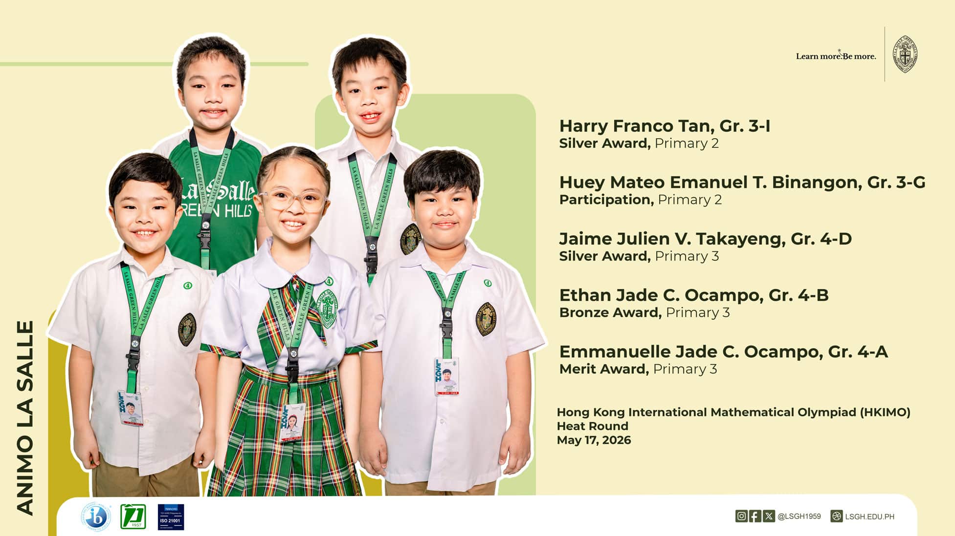 Lasallians Earn Top Honors in the 2026 HKIMO Heat Round