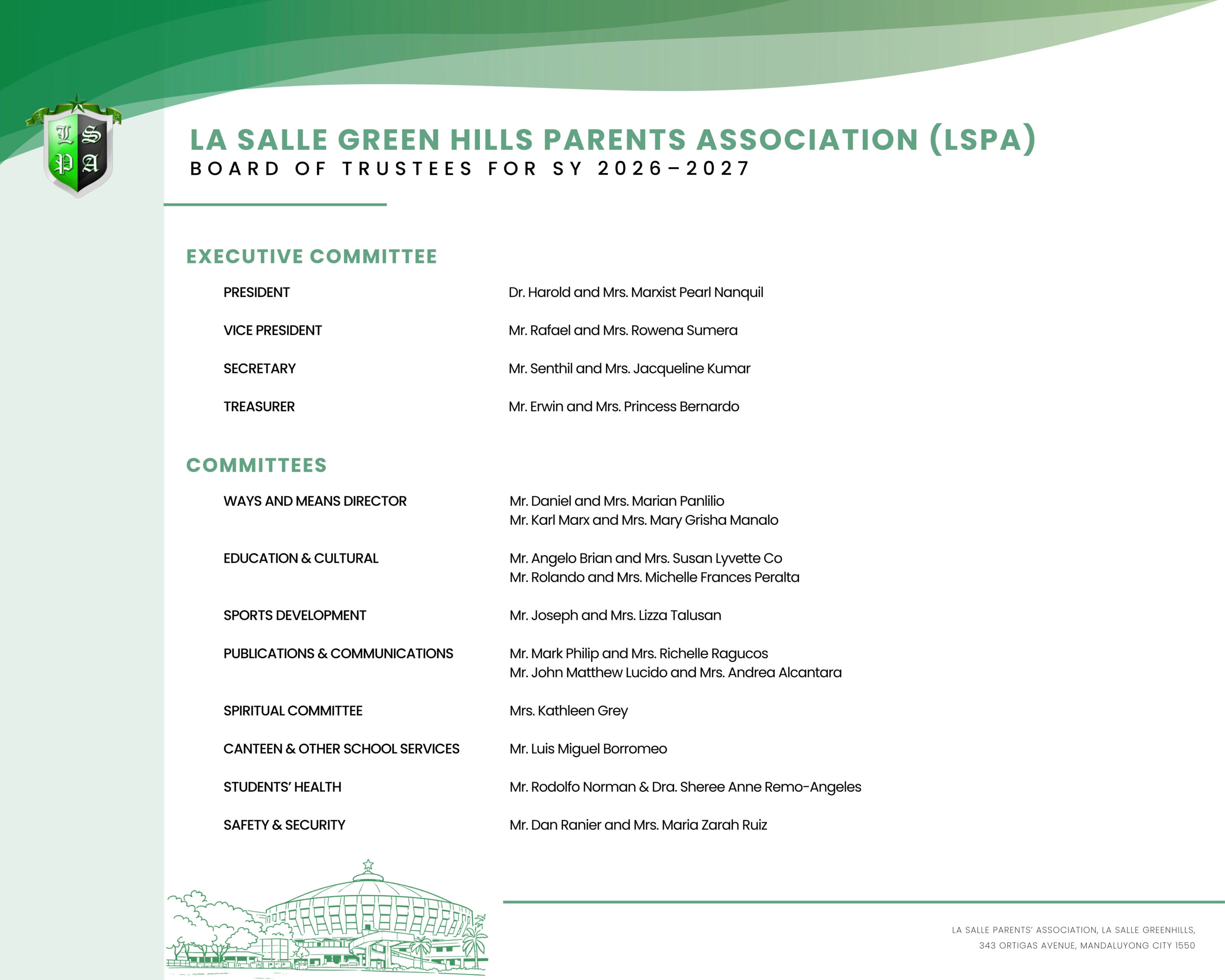 La Salle Green Hills Parents’ Association (LSPA) Board of Trustees for School Year 2026–2027